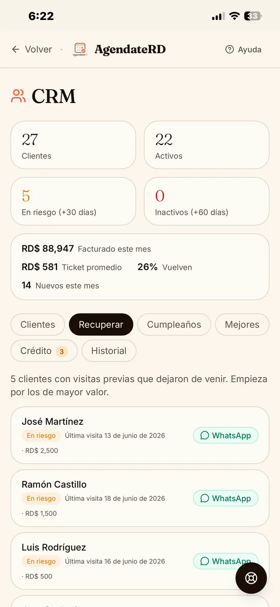 CRM de clientes de AgendateRD con los clientes en riesgo de un negocio