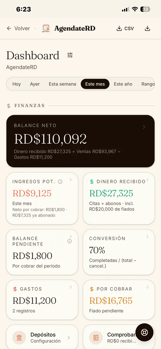Panel de finanzas de AgendateRD con el balance neto del mes en pesos dominicanos