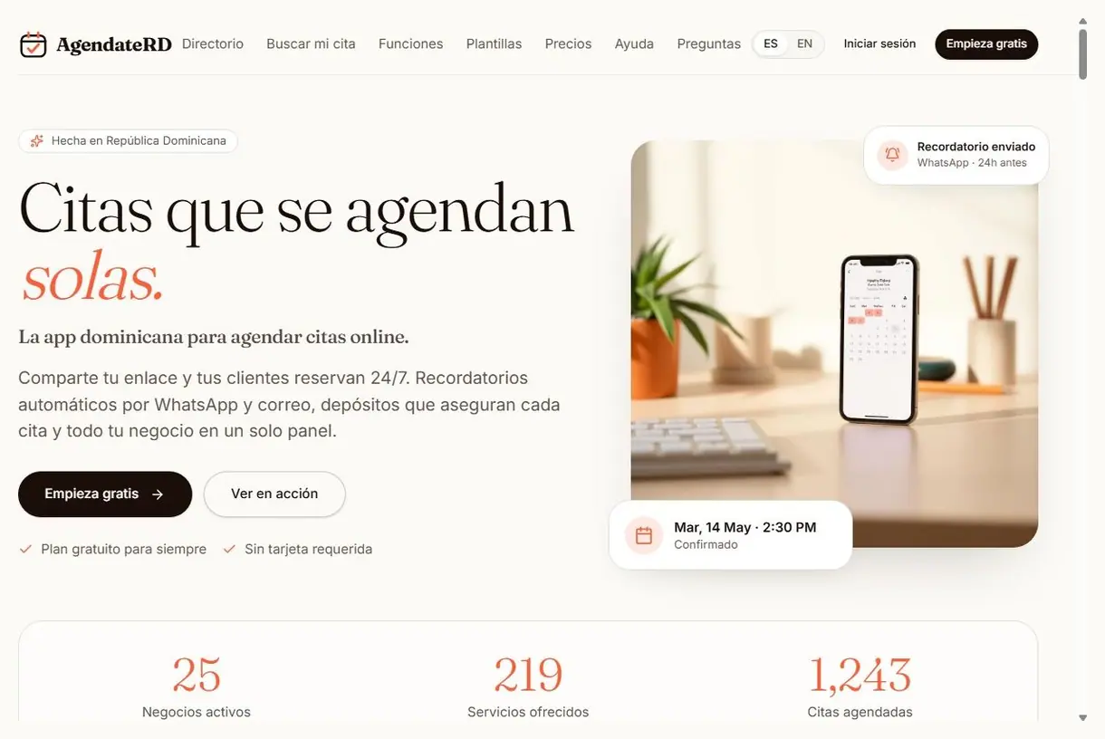 Página de inicio de AgéndateRD con el botón «Empieza gratis» para registrar un negocio