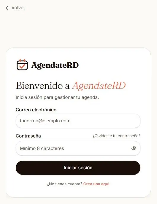 Pantalla de inicio de sesión de AgéndateRD con correo y contraseña