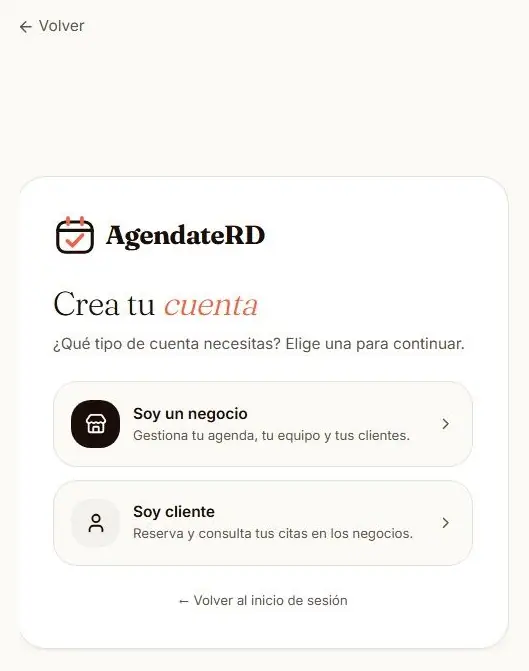 Pantalla de registro con las dos opciones de cuenta: «Soy un negocio» y «Soy cliente»