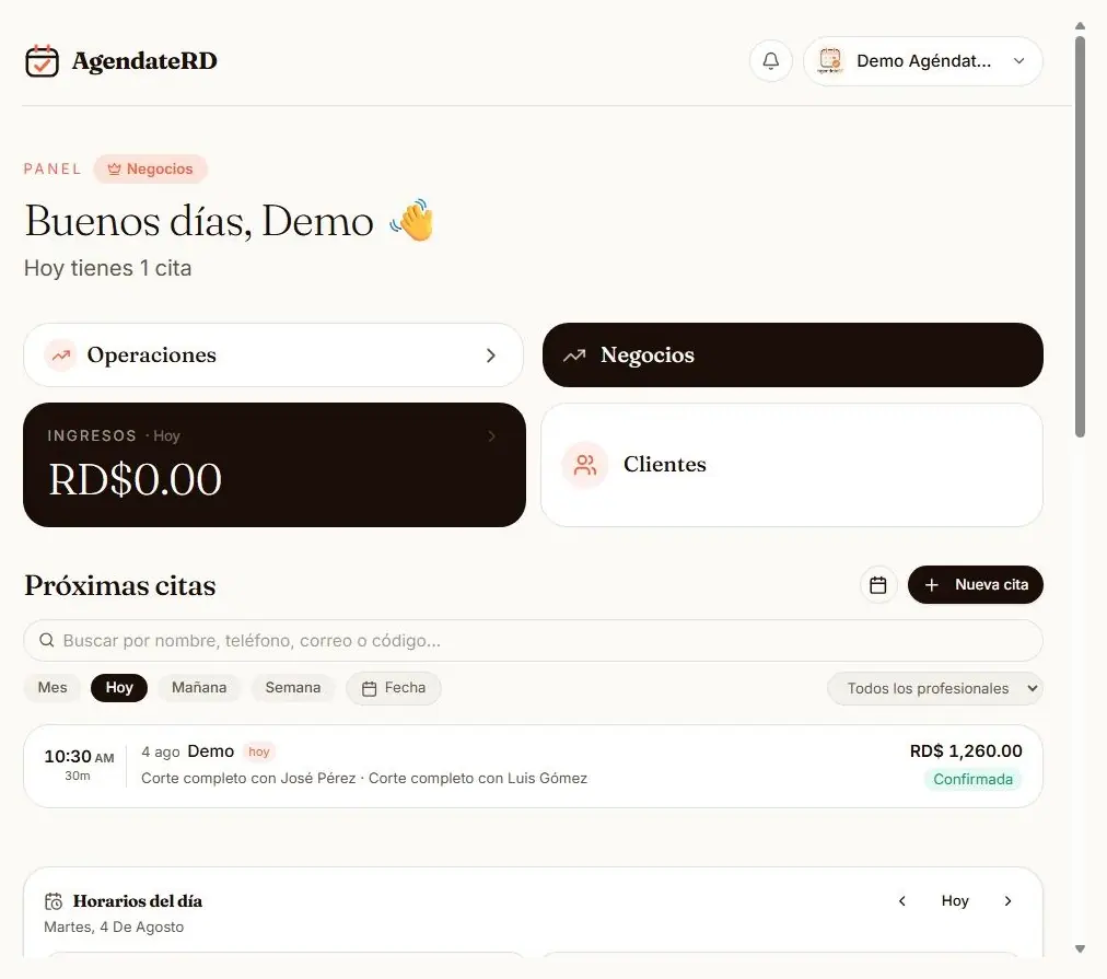 Panel principal de AgéndateRD con los ingresos del día y la lista de próximas citas