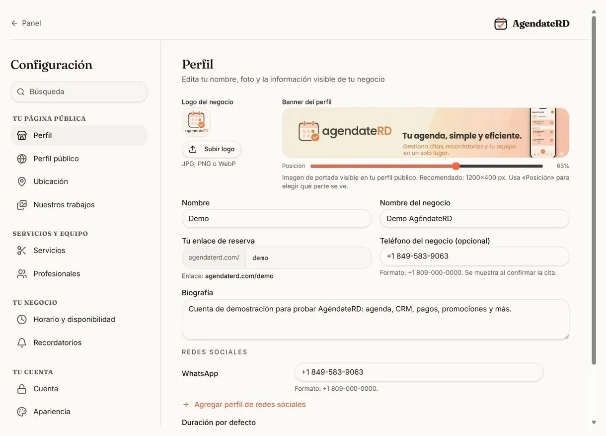 Configuración del perfil del negocio: logo, banner, enlace de reserva y biografía