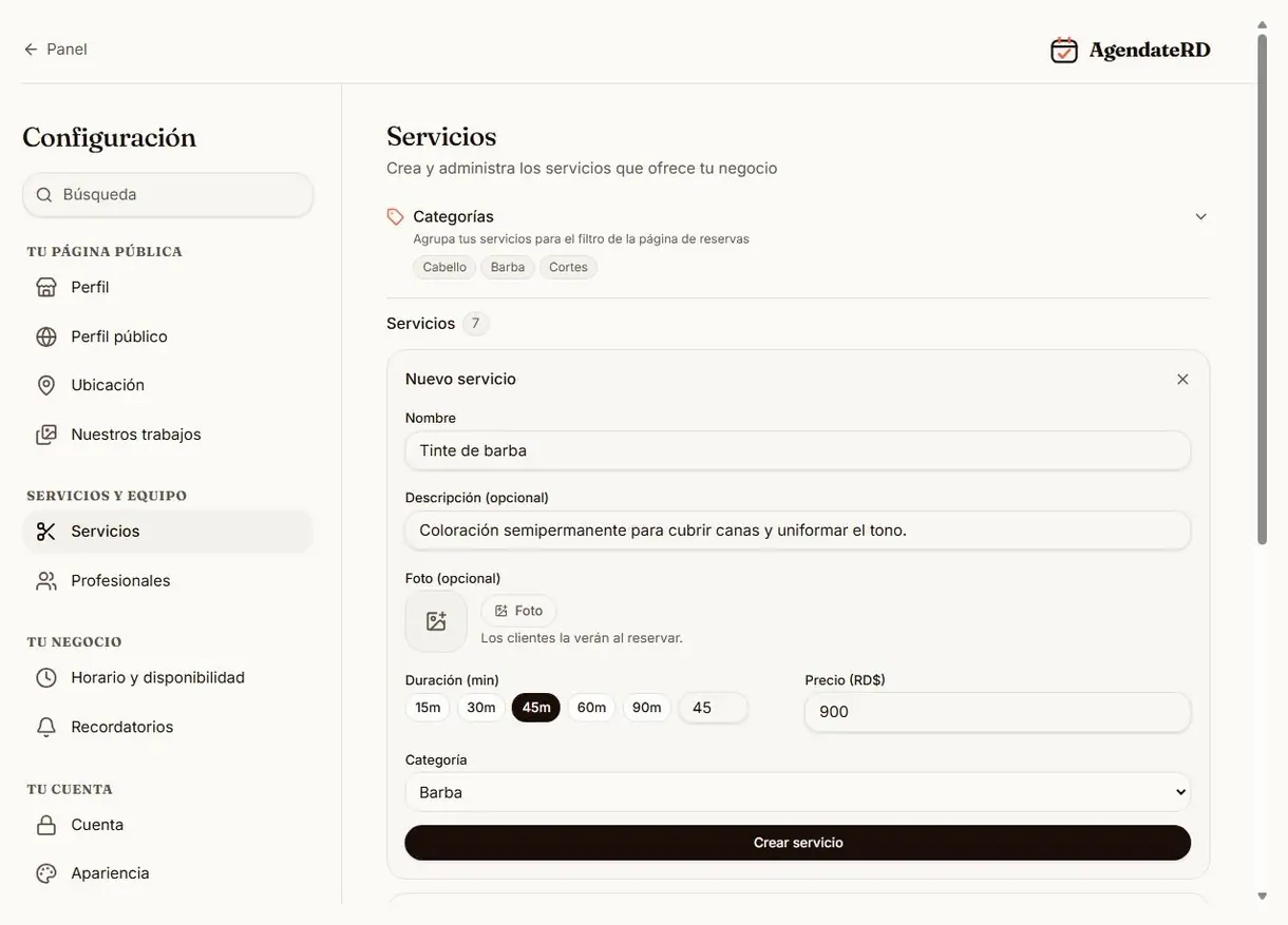 Formulario para crear un servicio nuevo con nombre, foto, duración, precio y categoría