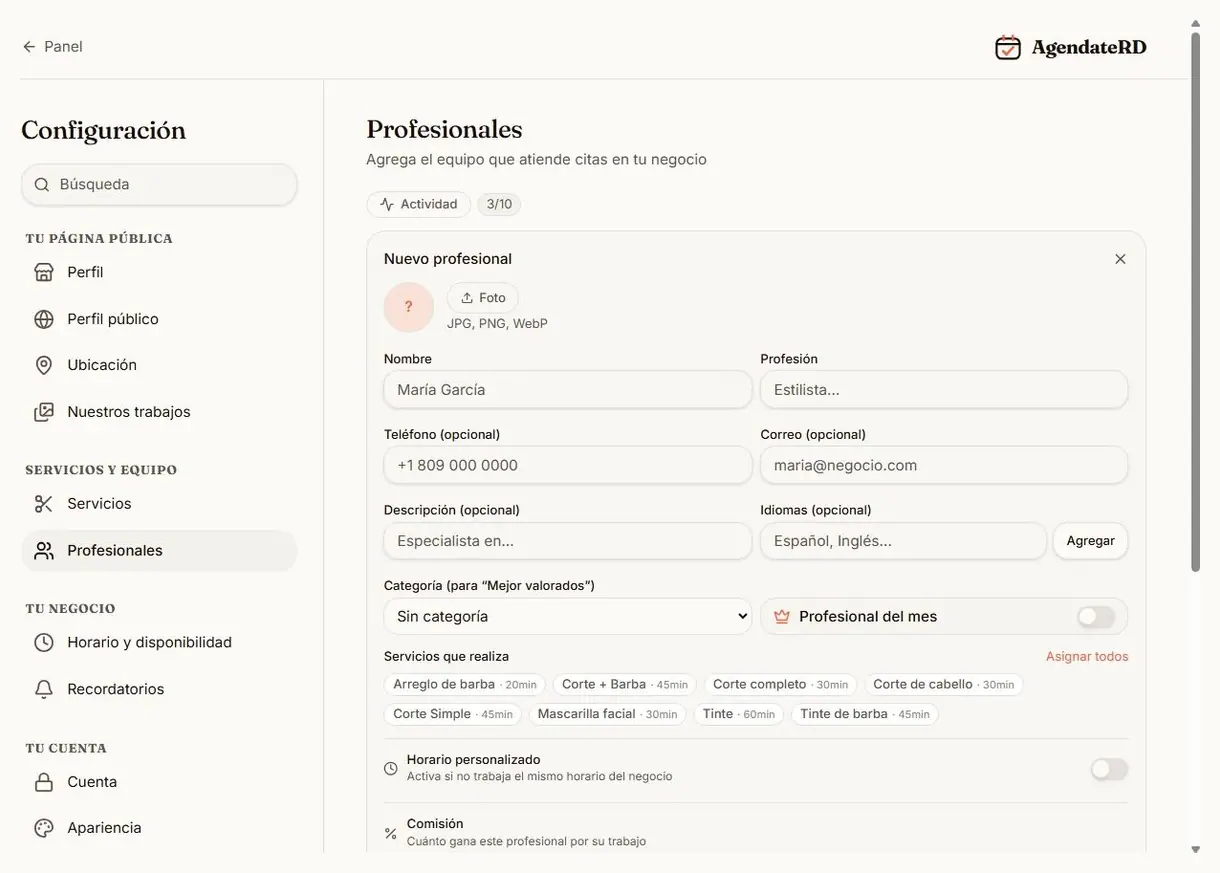 Formulario de alta de un profesional con sus servicios, idiomas y horario personalizado