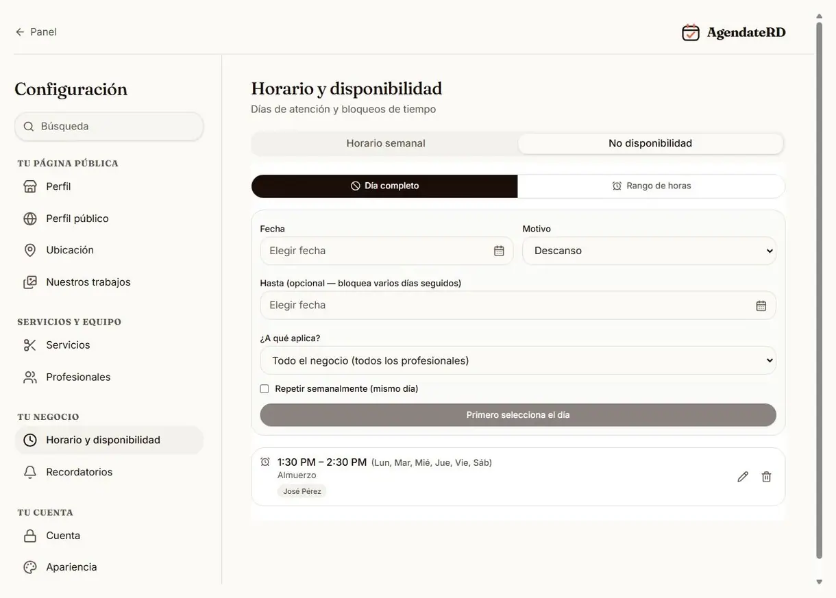 Pantalla de no disponibilidad para bloquear días completos u horas sueltas