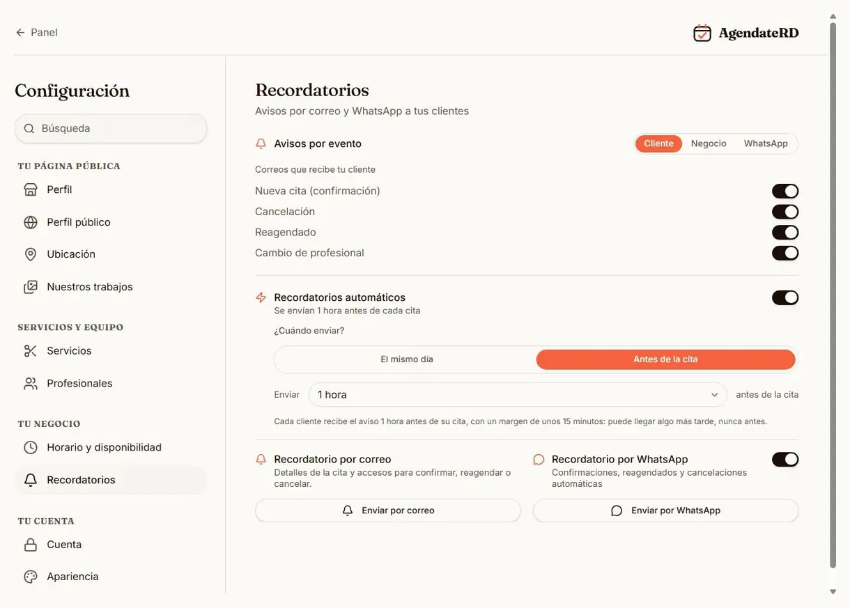 Ajustes de recordatorios automáticos por correo y WhatsApp con un interruptor por evento
