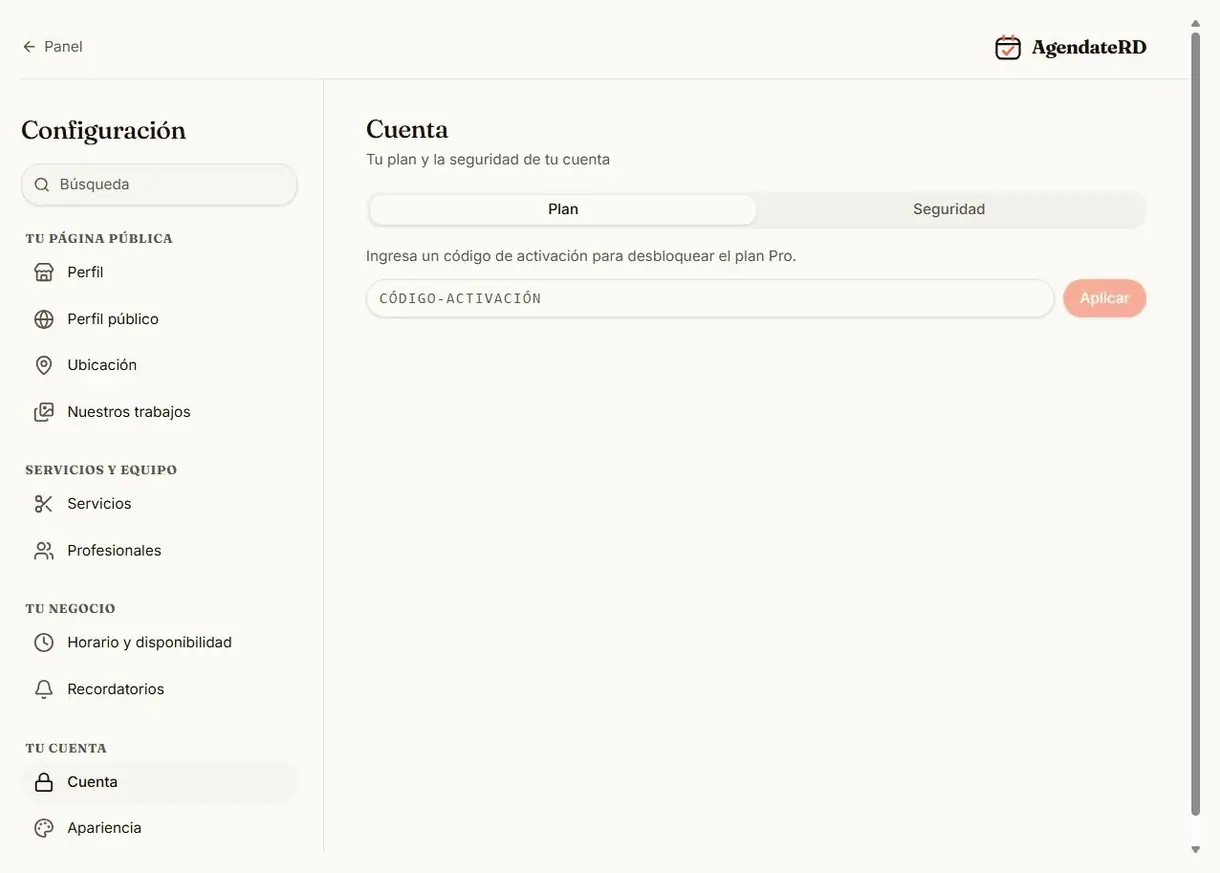 Pantalla de cuenta para canjear el código de activación del plan
