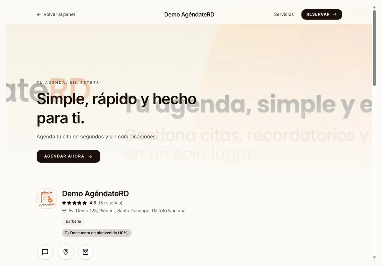 Página pública de reservas de un negocio con su banner, calificación y botón de reservar