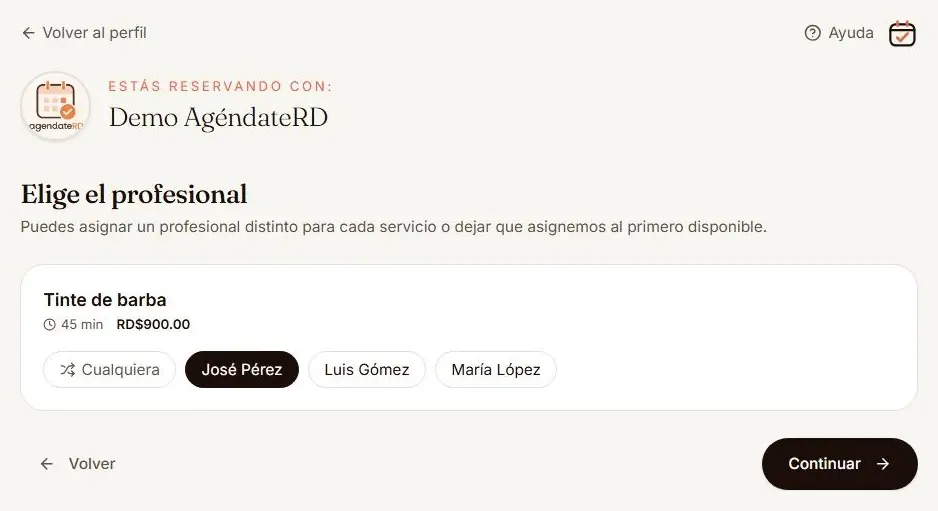 Segundo paso de la reserva: elección del profesional o la opción «Cualquiera»
