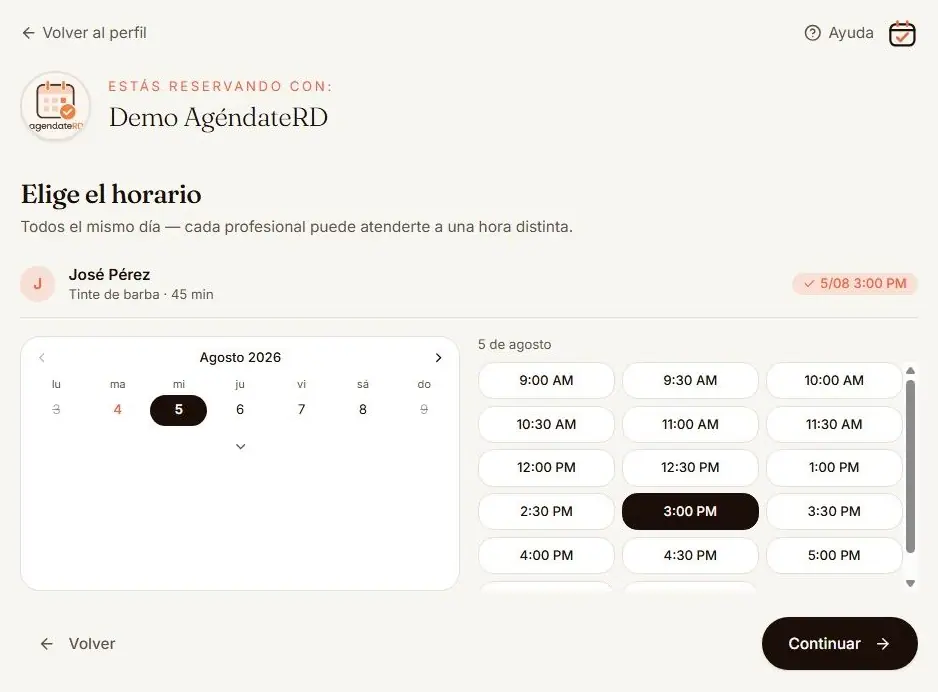 Calendario de reserva con los días disponibles y las horas libres del profesional