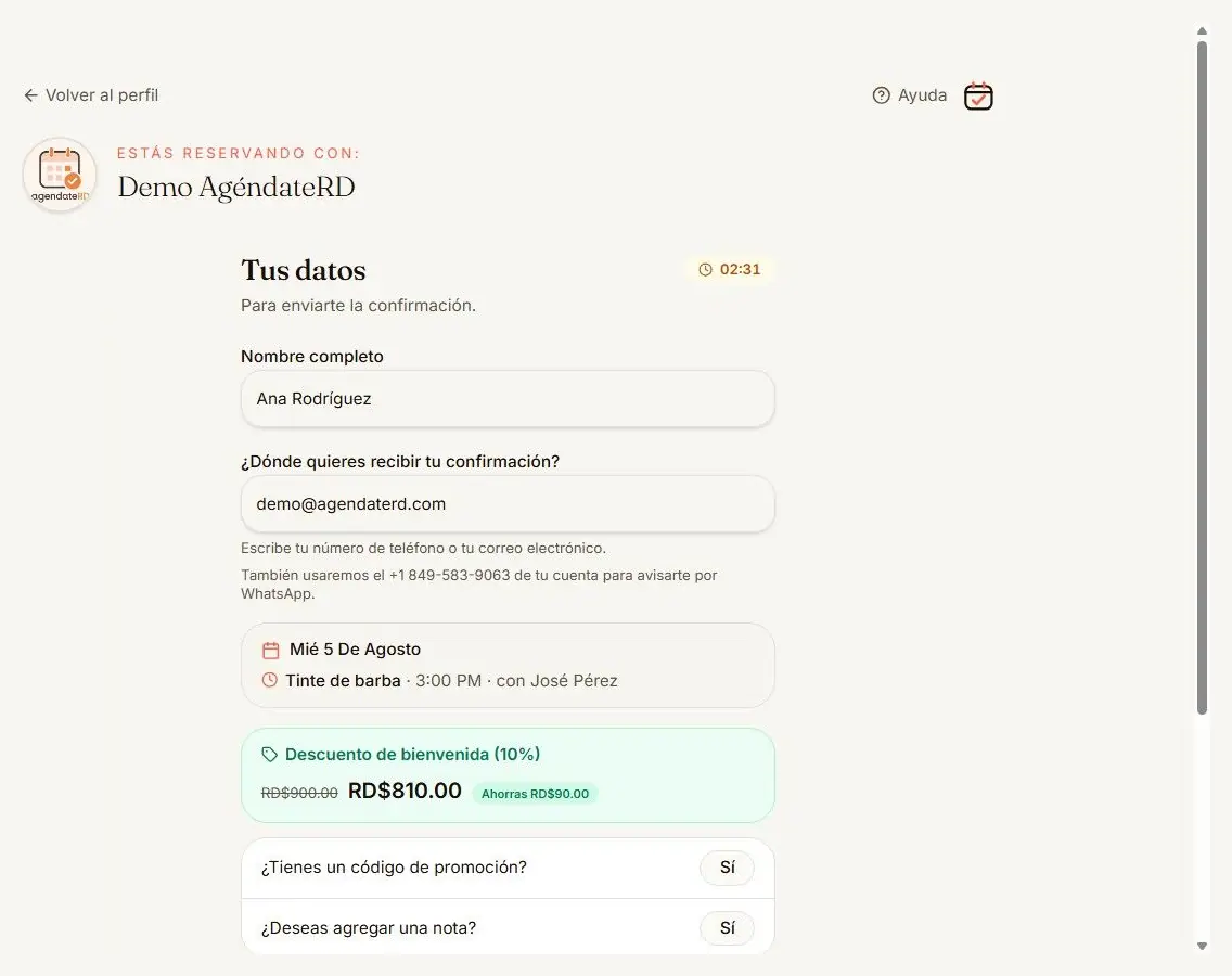 Último paso de la reserva con los datos del cliente y el descuento de bienvenida aplicado