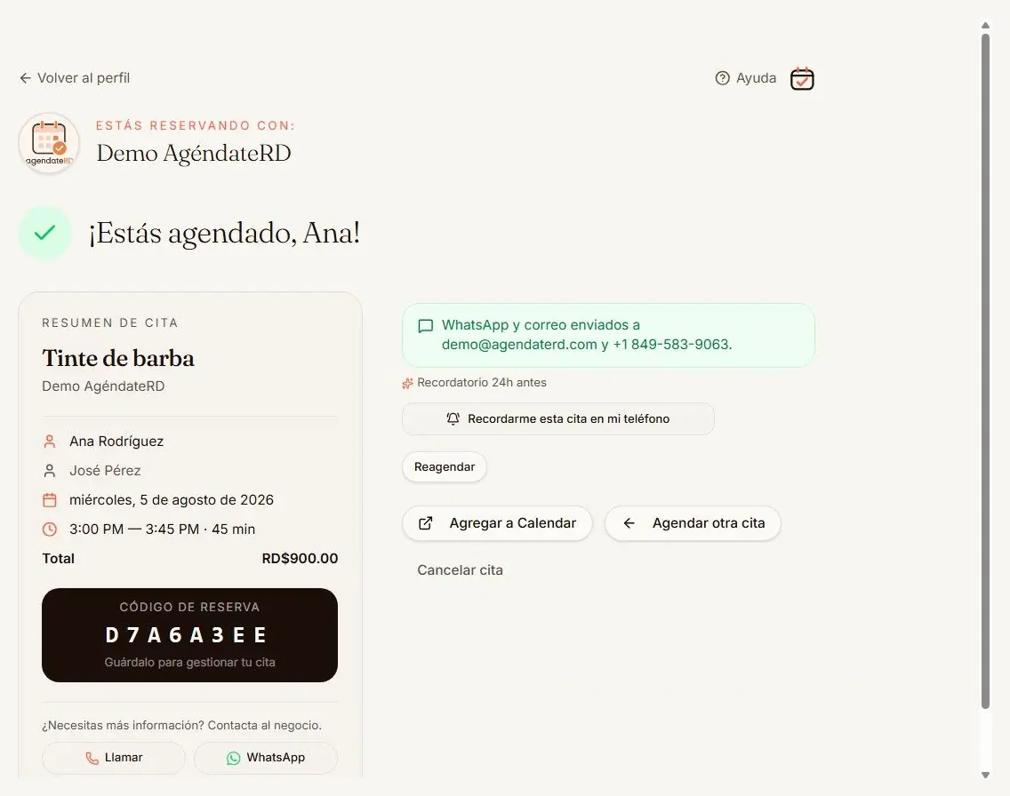 Pantalla de cita confirmada con el código de reserva y las opciones de reagendar o cancelar