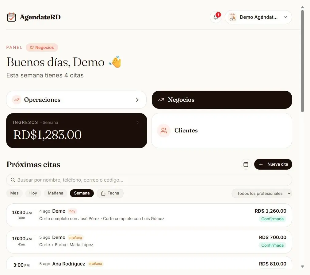 Lista de próximas citas de la semana con cliente, servicios, monto y estado
