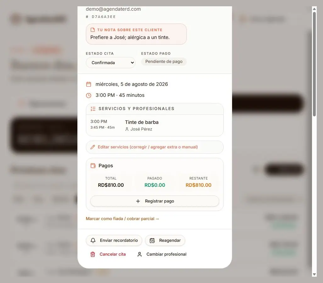 Acciones de una cita: enviar recordatorio, reagendar, cancelar y cambiar profesional