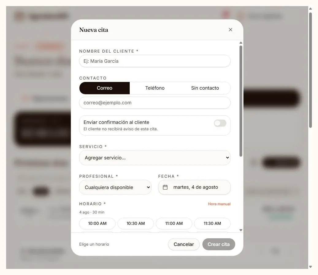 Formulario para crear una cita manual con cliente, servicio, profesional y horario