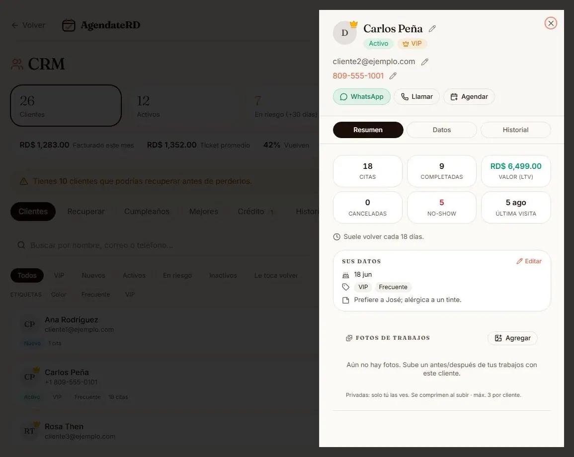 Ficha de un cliente en el CRM con sus citas, valor de vida y notas privadas