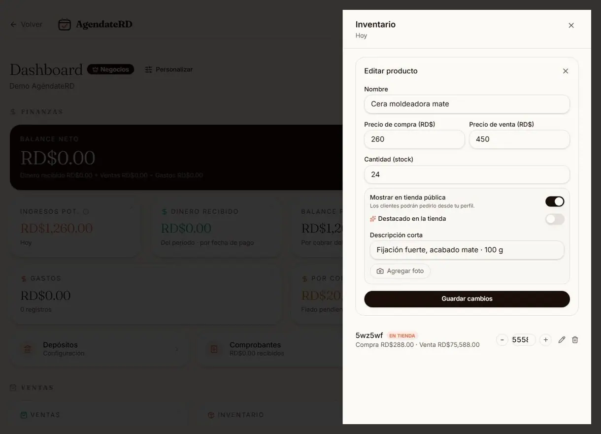 Formulario de producto con precio de compra, precio de venta, stock y visibilidad en la tienda