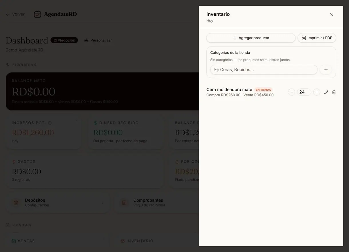 Panel de inventario con un producto, su precio de compra y venta y su existencia