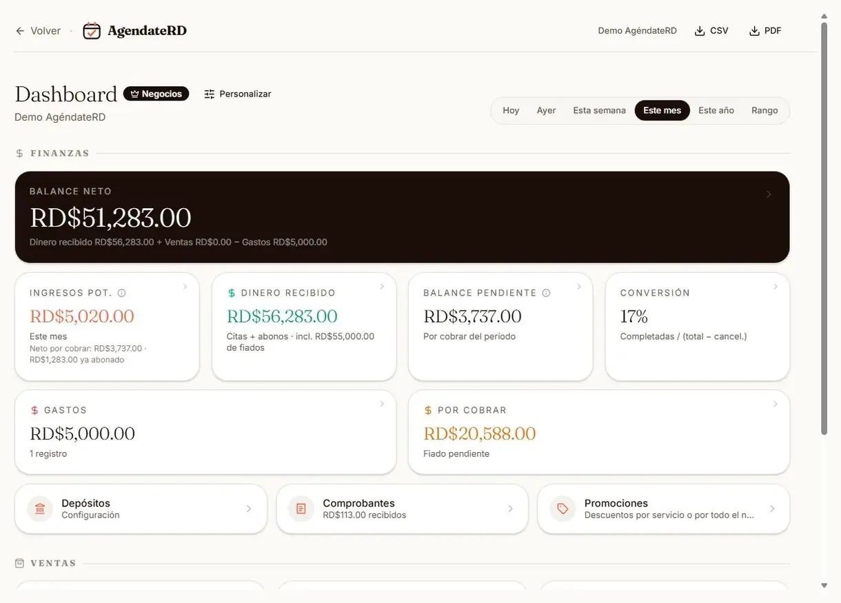 Panel financiero con el balance neto, los ingresos recibidos y el balance pendiente