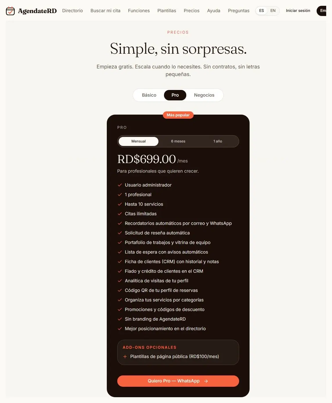 Comparativa de precios de AgéndateRD con los planes Básico, Pro y Negocios