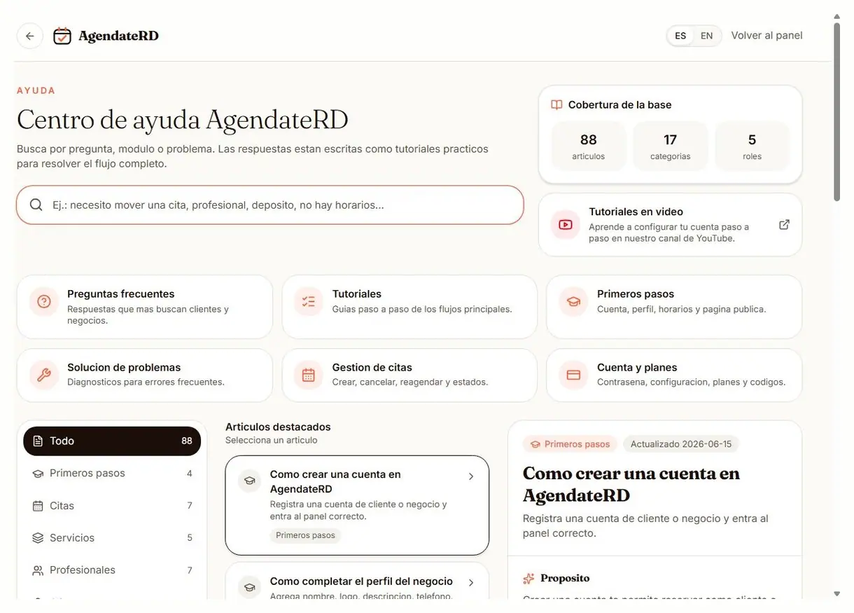 Centro de ayuda de AgéndateRD con el buscador y las categorías de artículos