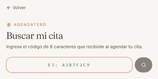 Buscador «Buscar mi cita» para recuperar una reserva sin tener cuenta